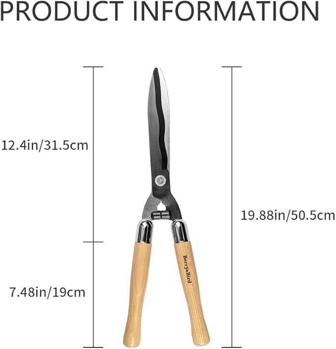 Berry&Bird Garden Hedge Shears,19.88''Heavy Duty Pruning Shear for Trimming Borders and Bushes, Manual Hedge Clippers with Wooden Handles & Carbon Steel Sharp Blades Gardening Scissors