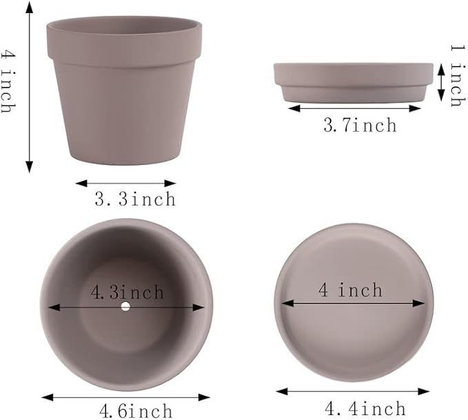 Fcacti 6 Pack 4.5 Inch Grey Terra Cotta Pots with Saucer, Clay Planters with Drainage Hole, Indoor/Outdoor Cactus Clay Flower Pots