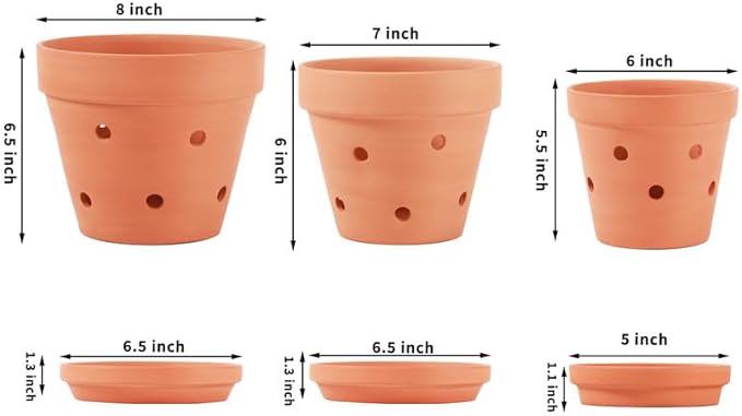 Yishang Terracotta Orchid Pots with Saucer&Holes,Clay Orchid Planter Pots for Repotting,Small Flower Plant Pots for Orchid Indoor or Outdoor Promotes Air Circulation,6 Inch & 7 Inch & 8 Inch,Set of 3