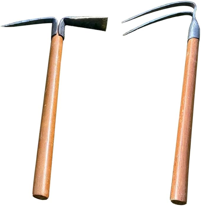 2PCS 19.6 Inches Garden Pick, 2 Prong Hand Hoe Tool Set Garden Tool with Wooden Handle, Transplanting Digging Planting Loose Soil Camping or Prospecting