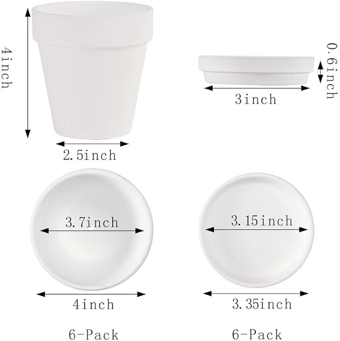 White Terra Cotta Pots with Saucer- 6-Pack Small Terracotta Pot Clay Pots 4'' Clay Ceramic Pottery Planter Cactus Flower Pots Succulent Pot with Drainage Hole- Great for Plants,DIY Craft Projects