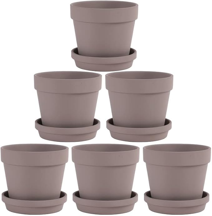 Fcacti 6 Pack 4.5 Inch Grey Terra Cotta Pots with Saucer, Clay Planters with Drainage Hole, Indoor/Outdoor Cactus Clay Flower Pots
