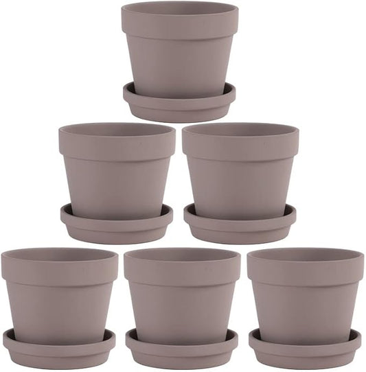 Fcacti 6 Pack 4.5 Inch Grey Terra Cotta Pots with Saucer, Clay Planters with Drainage Hole, Indoor/Outdoor Cactus Clay Flower Pots