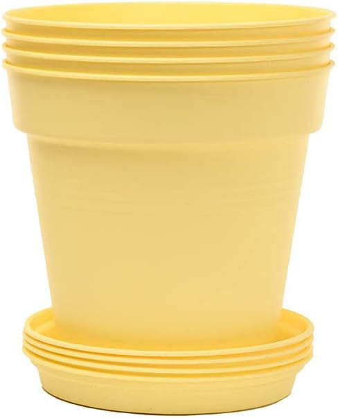 Mintra Home Garden Pots 4pk - Flowers, Herbs, Plants, Indoor, Outdoor, Colorful, Wholesale, Bulk (Yellow, 13cm Diameter (5in))