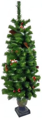 4FT Artificial Potted Christmas Tree with Lights, Pre-lit Mini Christmas Tree with 50 LED Lights, Small Fake Spruce Tree with 140 Branch Tips, Pine Cones&Red Berries, Battery Operated