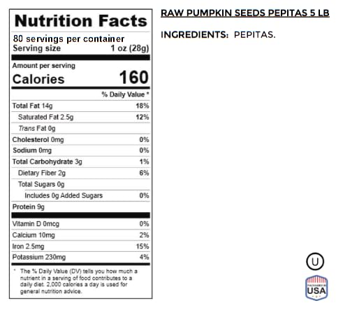 Raw Pumpkin Seeds Pepitas Unsalted - 5 Pounds | Healthy Snack for Keto, Vegan, & Paleo Diets | Compare to Organic Pumpkin Seeds | Kosher Certified | Perfect for Salads, Baking, Smoothies & Cooking Recipes | Jaybee's Nuts