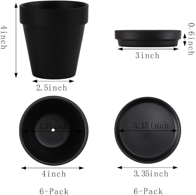 Black Terra Cotta Pots with Saucer- 6-Pack Small Terracotta Pot Clay Pots 4'' Clay Ceramic Pottery Planter Cactus Flower Pots Succulent Pot with Drainage Hole- Great for Plants,DIY Craft Projects