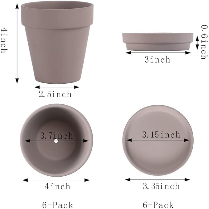 Grey Terra Cotta Pots with Saucer - 6-Pack Small 4'' Clay Ceramic Pottery Planter for Cactus, Flowers, Succulents - Drainage Hole, Great for Plants, DIY Craft Projects