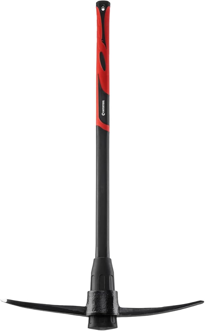 INTERTOOL Pick Axe for Digging - 36” Heavy Duty Garden Mattock Pickaxe - Rust Resistant Steel with Adze Hoe & Shock Absorbing Fiberglass Anti-Slip Handle - Cultivate, Loosen Soil, Dig - HT08-0305