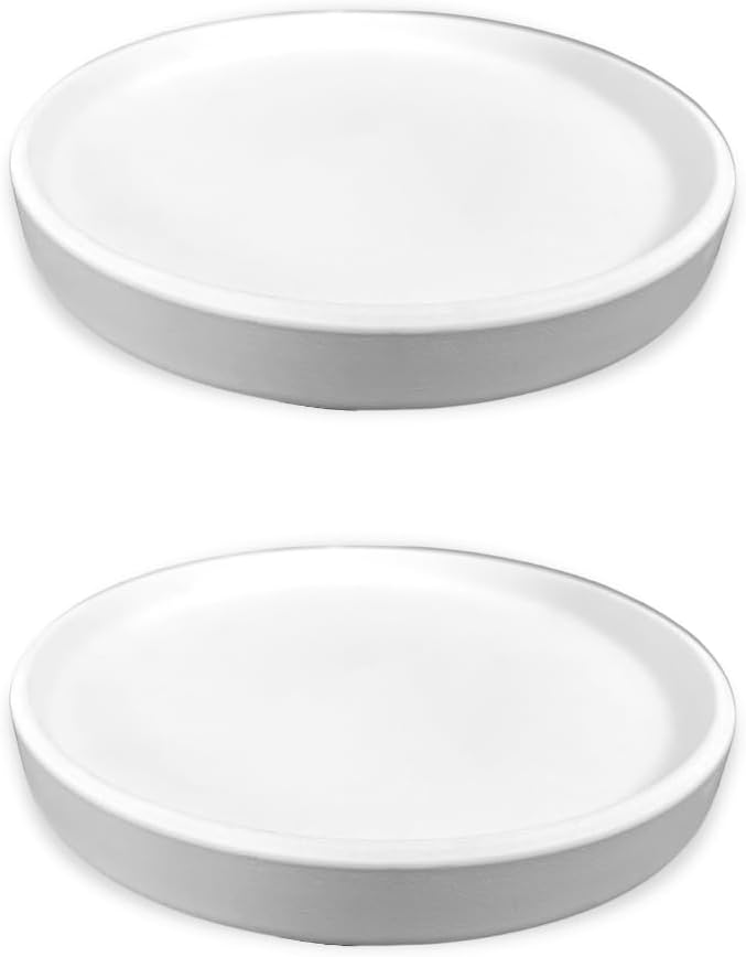 Braque Ceramic Plant Saucer 7 Inch, 2 Pack Round Matte White Flower Plant Saucers for Holding Water Drips and Soil, Ceramic Drainage Tray for Plant Pots, Include Silicone Feet Protect Surface