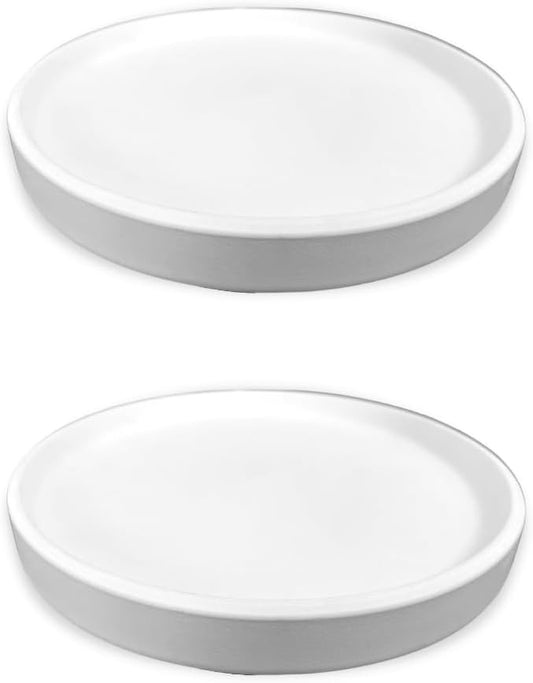 Braque Ceramic Plant Saucer 7 Inch, 2 Pack Round Matte White Flower Plant Saucers for Holding Water Drips and Soil, Ceramic Drainage Tray for Plant Pots, Include Silicone Feet Protect Surface