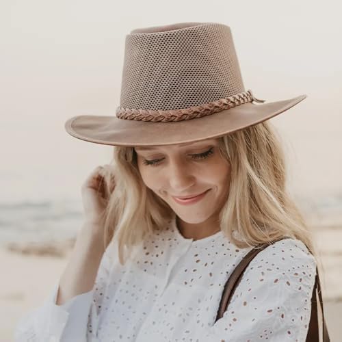 American Hat Makers Breeze Leather & Mesh Sun Hat | Wide Brim, UPF50, Breathable & Adjustable | Perfect for Outdoors