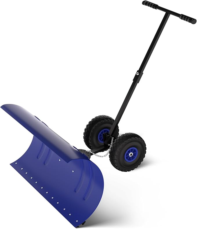 36" Snow Pusher Shovel with Wheels, Adjustable Ergonomic T-Handle Snow Plow for Driveway, Heavy Duty Wheeled Rolling Shovels for Driveway and Sidewalks with Angeled Blade