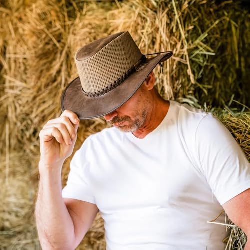 American Hat Makers Breeze Leather & Mesh Sun Hat | Wide Brim, UPF50, Breathable & Adjustable | Perfect for Outdoors
