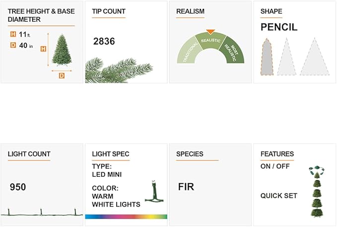Glitzhome 11ft Pre-Lit Artificial Christmas Tree, Snowy Splendor Fir Hinged Pencil Christmas Tree Holiday Decoration with 950 Warm White Lights and Foldable Metal Stand, Easy Assembly