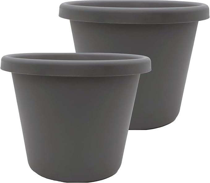 The HC Companies Classic Round Plastic Plant Pot w/Rolled Rim - Lightweight & UV Resistant Flower Pot for Herbs & More - Outdoor & Indoor Plant Pots w/Drainage (15.5 inch Warm Gray, Pack of 2)