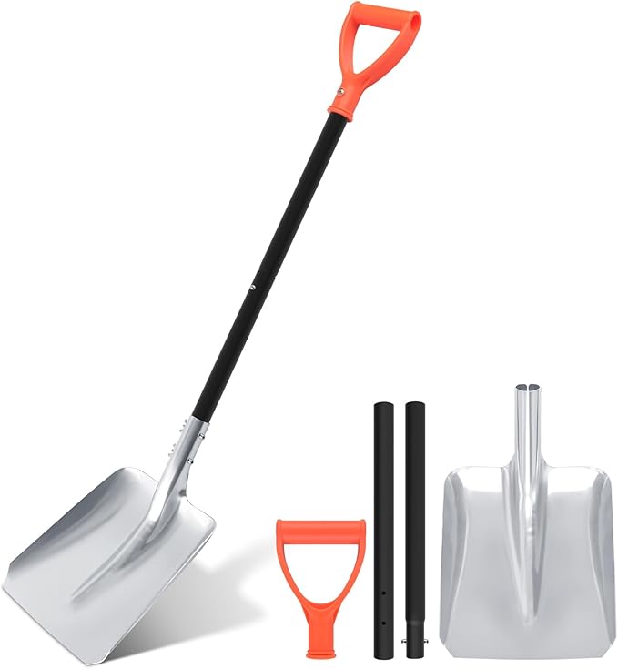Aluminum Snow Shovel for Driveway – 40" Long Square Shovel with D Handle, Large Capacity Flat Shovel, Portable Snow Removal Tool for Home Garage Garden Camping Emergency, Orange