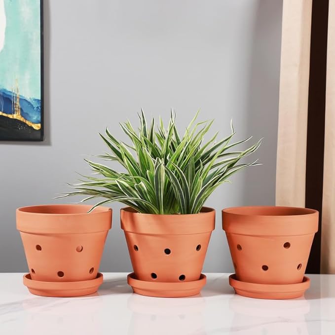Yishang 8 Inch Clay Orchid Pots with Drainage Holes & Saucers - 3 Pack Large Terracotta Planter for Repotting, Plant Flower Pots for Orchid Indoor & Outdoor, Promotes Air Circulation