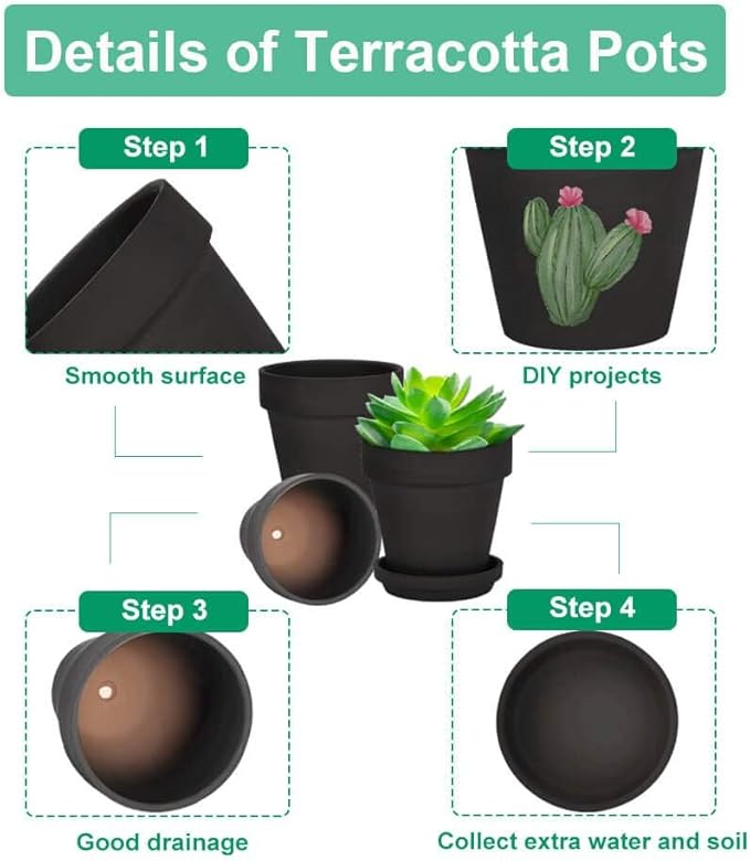 vensovo 4 Inch Small Black Terracotta Plant Pots with Saucer - 6 Pack Clay Flowerpots with Drainage, Great for Indoor Outdoor Plants, Crafts, Wedding Favor