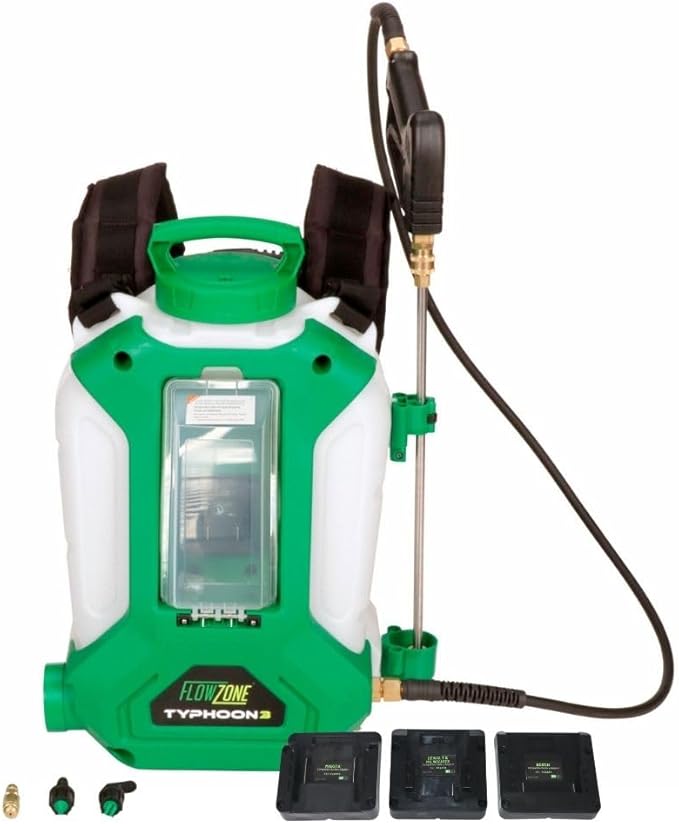 FlowZone Typhoon 3 Battery Powered Backpack Sprayer - Variable-Pressure 5-Position Electric Sprayer Works with FlowZone, DeWalt, Milwaukee, Makita, & Bosch Batteries (Battery Not Included)