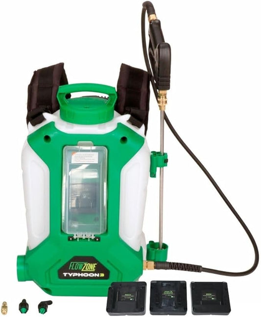 FlowZone Typhoon 3 Battery Powered Backpack Sprayer - Variable-Pressure 5-Position Electric Sprayer Works with FlowZone, DeWalt, Milwaukee, Makita, & Bosch Batteries (Battery Not Included)