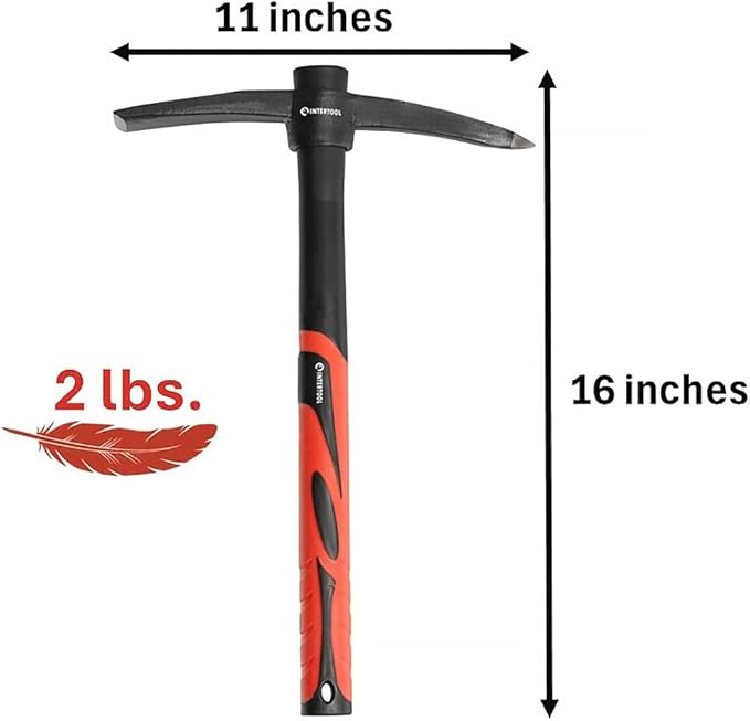 INTERTOOL Small Pickaxe - 1.5 lb Forged Steel Weeding Hoe – Pick Mattock 15-Inch with Anti-Slip Fiberglass Handle - Heavy-Duty Garden Tool for Roots, Rocks, Digging & Camping HT08-0303