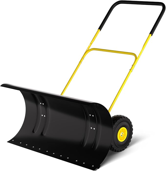 36" Snow Pusher Shovel with Wheels, Adjustable Ergonomic U-Handle Snow Plow for Driveway, Heavy Duty Wheeled Rolling Shovels for Driveway and Sidewalks with Angeled Blade