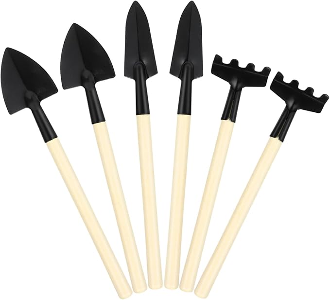 CLISPEED 6pcs Mini Gardening Tools: Hand Rake Trowel and Shovel with Wooden Handles for Bonsai Planting - Gardending Hand Tools Kit for Seedling Soil Caring Succulent