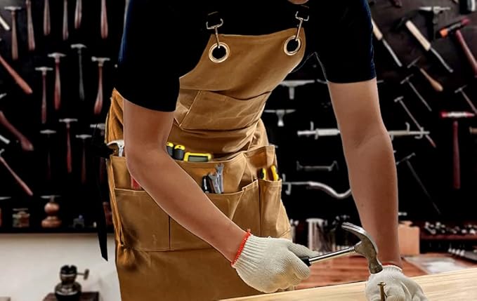 Woodworking Tool Apron, 22 OZ Waxed Canvas Durable Heavy Duty Work Shop Apron, Adjustable to Size S to XXL