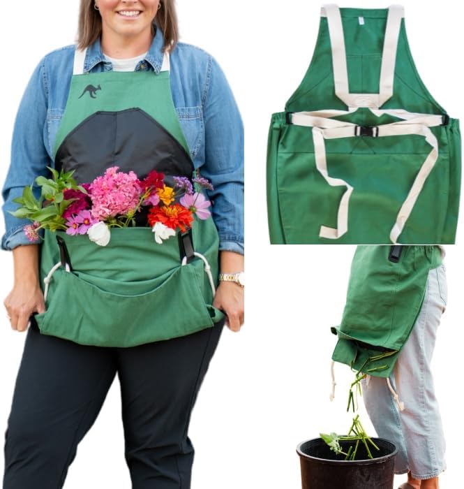 Roo Gardening Apron with Pockets & Harvesting, Picking Pouch - Adjustable, Water-resistant, Washable Canvas Cotton