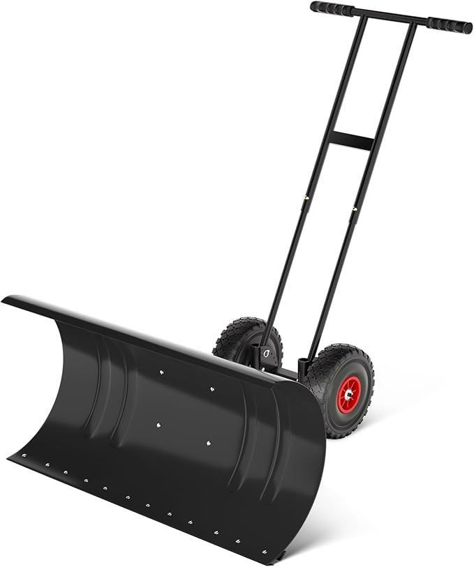 36" Snow Pusher Shovel with Wheels, Adjustable Ergonomic T-Handle Snow Plow for Driveway, Heavy Duty Wheeled Rolling Shovels for Driveway and Sidewalks with Angeled Blade