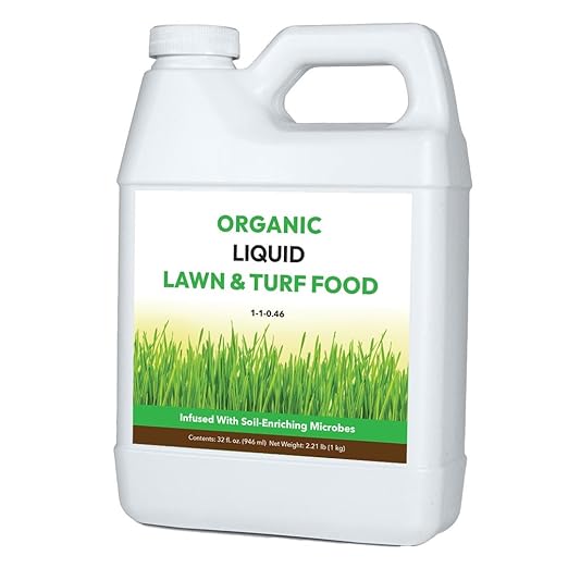 Organic Liquid Lawn & Turf Food - Quickly Rejuvenates Lawn Health and Restores Rich Green Colors to Depleted Grass | Infused with Soil Enriching Microbes (32oz, Treats Up to 5,000 Sq. Feet)