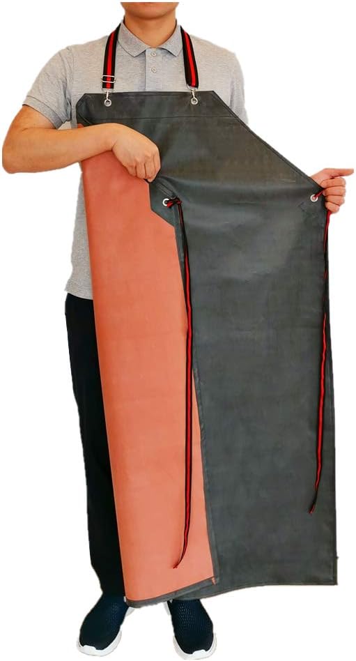 Thick Rubber Apron, 47.2 x 33.5 Inch Waterproof, Long Chemical Resistant, Adjustable for Dishwashing, Cleaning Fish, Gardening, Lab Work, Butcher and Dog Grooming, Grey