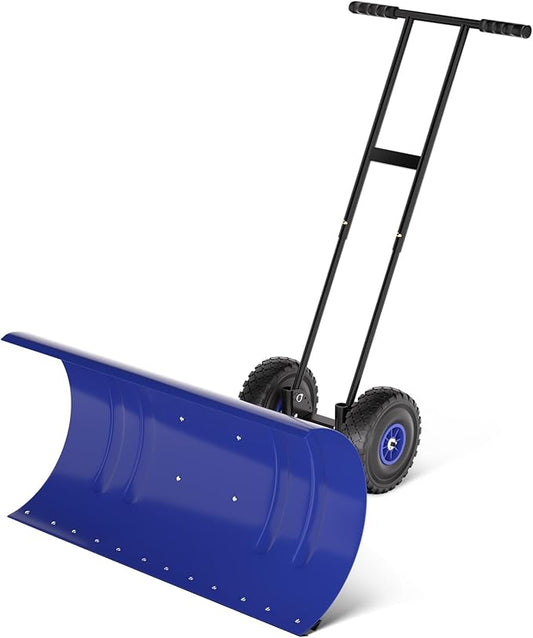29" Snow Pusher Shovel with Wheels, Adjustable Ergonomic T-Handle Snow Plow for Driveway, Heavy Duty Wheeled Rolling Shovels for Driveway and Sidewalks with Angeled Blade