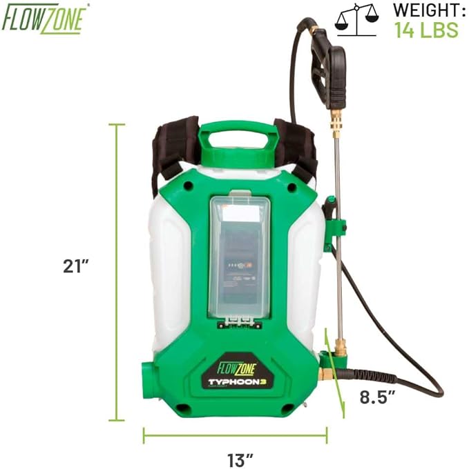 FlowZone Typhoon 3 Battery Powered Backpack Sprayer - Variable-Pressure 5-Position Electric Sprayer Works with FlowZone, DeWalt, Milwaukee, Makita, & Bosch Batteries (Battery Not Included)