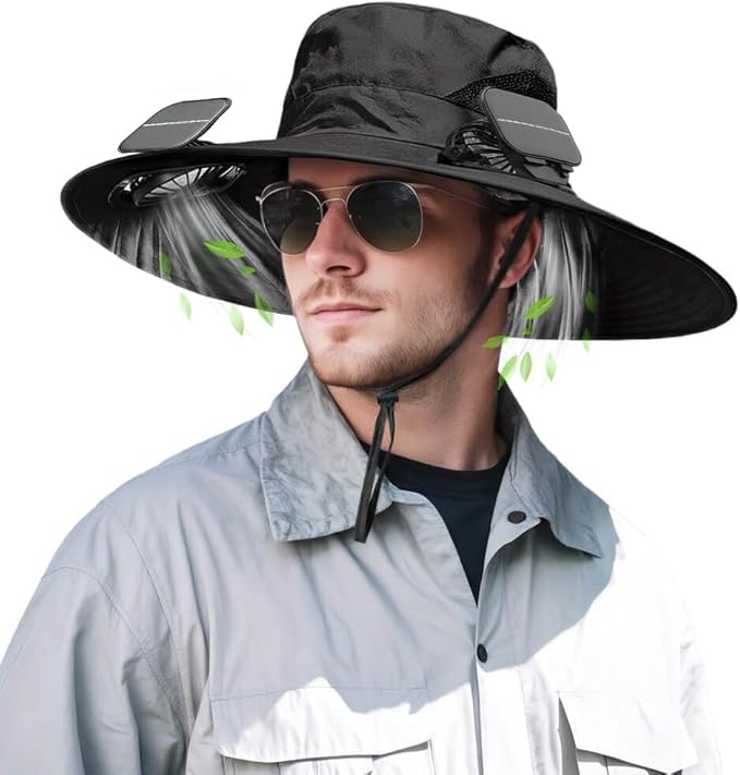 Solar Powered Fan Hat for Men Women Wide Brim Hat with 2 Fans UPF 50+ Outdoor Fishing Beach Sun Hat
