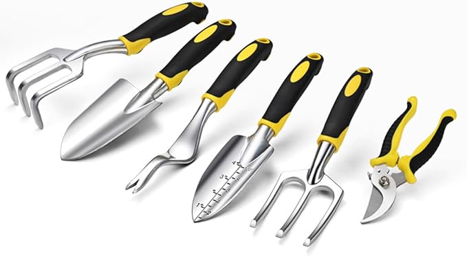 6Pcs Garden Tool Set, Includes Garden Shovel, Transplant Trowel with 4 inch Depth Marking, Hand Rake, Weed Puller, Garden Fork & Pruning Shear for Planting, Weeding, Pruning (6)