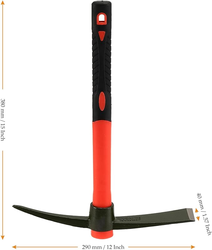 2 PCS 15 Inch Garden Pick Mattock, Pick Axe with Red Fiberglass Handle, Garden Mattock Pickaxe Tool for Gardening, Cultivating, Forged Steel Head