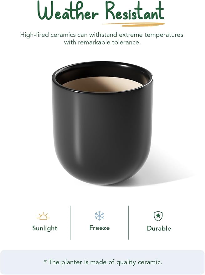 LE TAUCI 12 Inch Pots for Plants, Ceramic Large Planters for Home Garden Patio Office, Indoor Modern Plant Pots with Drainage Hole and Rubber Plug, Black