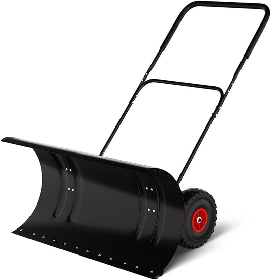 29" Snow Pusher Shovel with Wheels, Adjustable Ergonomic U-Handle Snow Plow for Driveway, Heavy Duty Wheeled Rolling Shovels for Driveway and Sidewalks with Angeled Blade