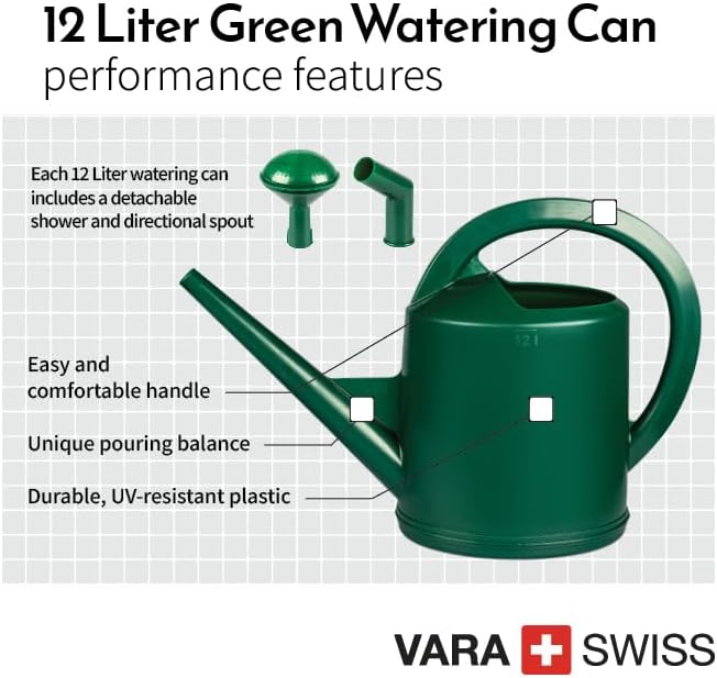 Consolidated Plastics Durable Swiss Watering Can with UV Protection, Ergonomic Handle for Indoor/Outdoor Gardening, Made in Switzerland (12 Liter, Green)