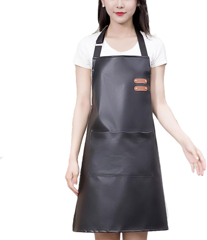 Waterproof Apron Large Pocket PU Material Waterproof Oil-proof Dust-proof Apron Black and Red