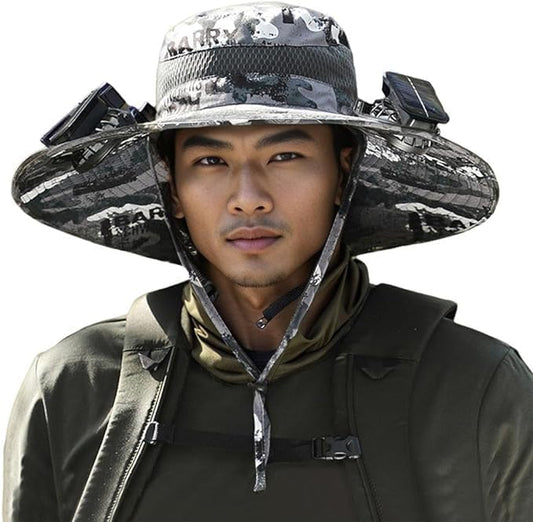 Wide Brim Solar Fan Hat, Wide Brim Solar Fan Outdoor Fishing Hat, Solar Fan Hats for Men-Solar & USB Charging