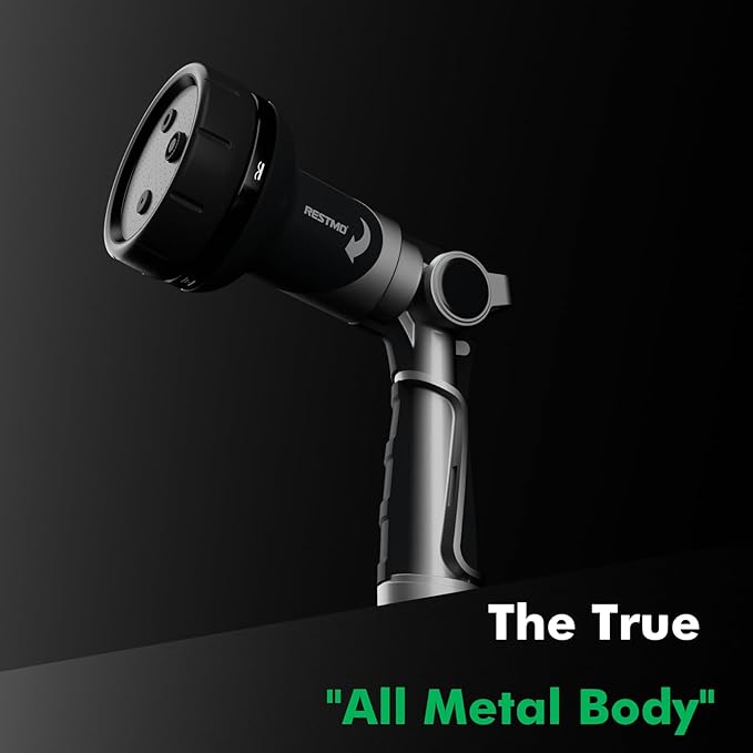 RESTMO 2-IN-1 Garden Hose Nozzle, Heavy Duty Metal Water Hose Nozzle with 4 Spray Patterns, Magic Twist and Thumb Flow Control, Ideal for Watering Plants & Lawns, Washing Cars & Pets, Black