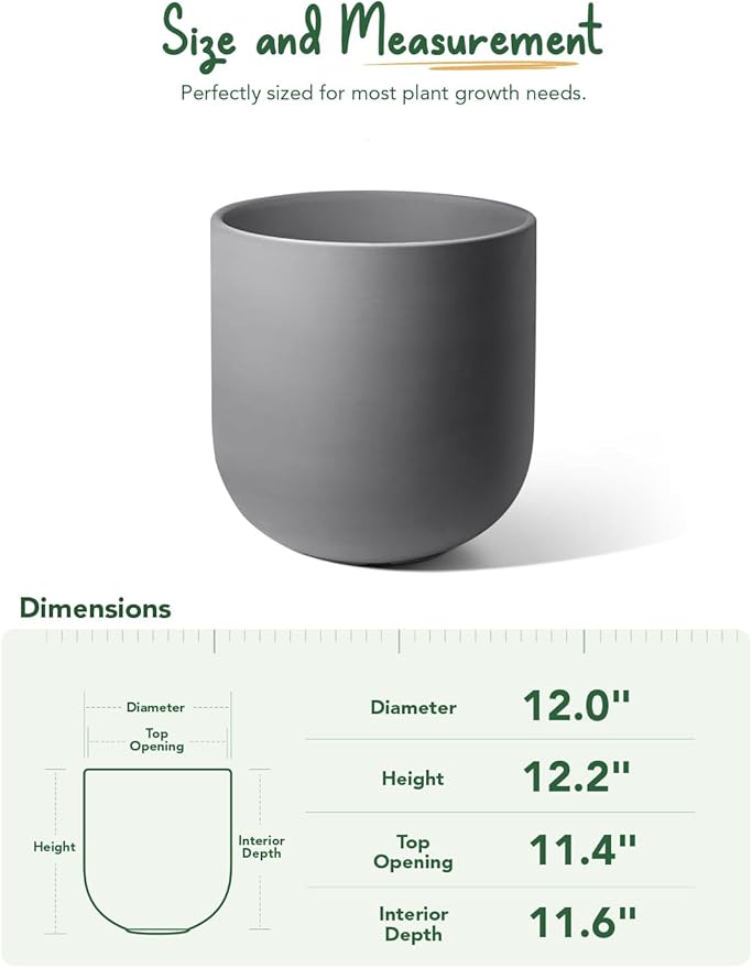 LE TAUCI 12 Inch Pots for Plants, Ceramic Large Planters for Indoor Plants, Indoor Plant Pots for Home Garden Patio Office, Big Planter Pots with Drainage Hole and Rubber Plug, Charcoal Gray