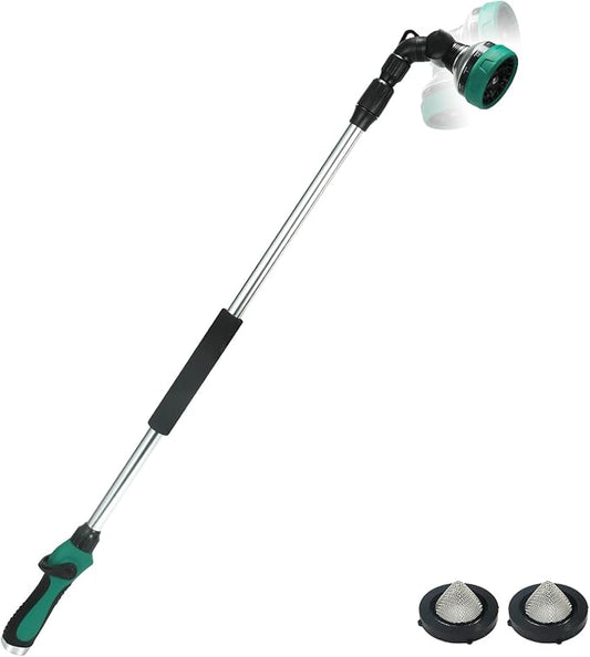 Telescoping Watering Wand for Garden Hose, 36”-54” Adjustable, 10 Spray Patterns, Heavy-Duty Hose Nozzle with Thumb Control & Pivoting Head, Ideal for Hanging Baskets and Shrubs, Green