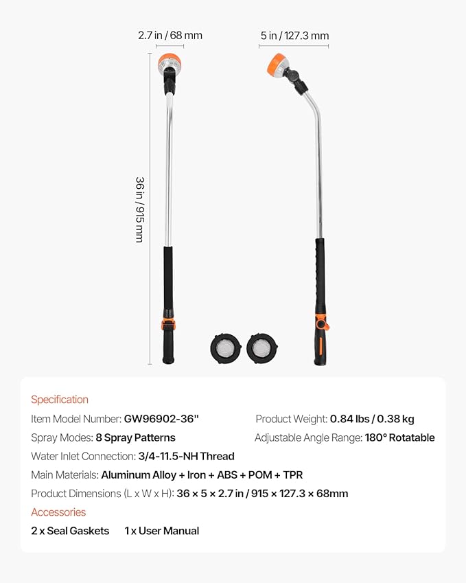 VEVOR Watering Wand, 36-Inch Extra Long Heavy Duty Garden Hose Wand with 8 Spray Patterns & 180° Swivel Head, Long Hose Nozzle Sprayer with on/off Thumb Control, Ideal for Hanging Baskets