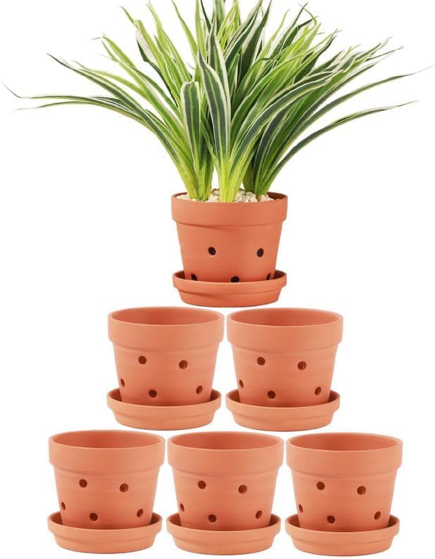 Yishang 4.6 Inch Clay Orchid Pots with Drainage Holes & Saucers - 6 Pack Small Terracotta Planter Pots for Repotting, Plant Flower Pots for Orchid Indoor & Outdoor, Promotes Air Circulation