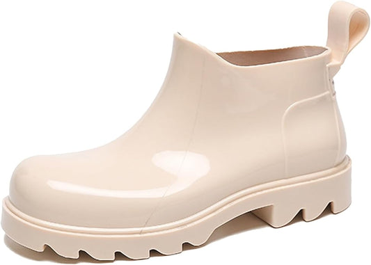 Women's PVC Lug Sole Ankle Rain Boots Comfort Round Toe Waterproof Low Chunky Platform Non-Slip Mid Top Garden Chelsea Short Galoshes for Outdoor Work