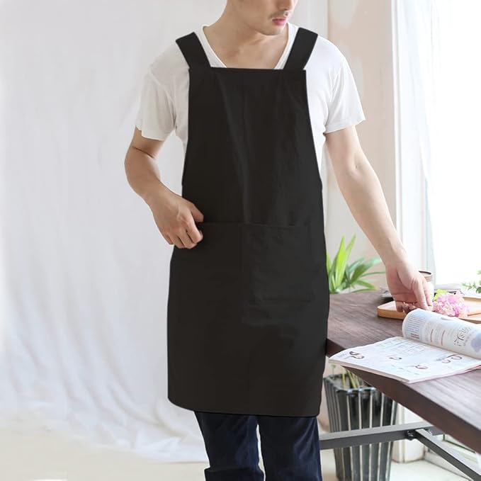NEWGEM Japanese Linen Cross Back Cooking Aprons for Women Men with Pockets Cute for Baking Kitchen